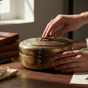 May include: A round, antique brass box with intricate etched designs and a hinged lid. The box is being opened by a person. Other items on the wooden surface include books, a pen, a teacup, and a small potted plant.