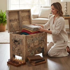 Op de afbeelding: Een houten kist met een open deksel, gevuld met opgevouwen dekens in verschillende kleuren. De kist heeft gesneden details en staat op een houten vloer. Een schaakspel en boeken liggen in de buurt.