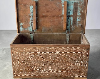 Antique Bone Inlay Teak Storage Chest | Handcrafted Indian Blanket Box | Vintage Trunk Coffee Table | Statement Home Decor