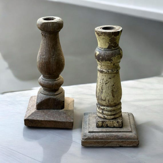ヴィンテージチーク材キャンドルホルダーセット：90年以上前の素朴な