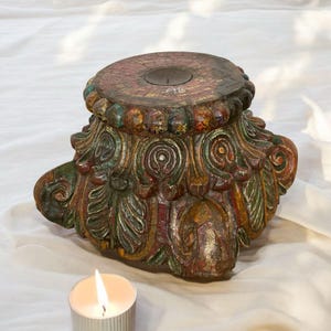 Antique Pillar Base Candle Stand, 90-Year-Old Carved Teak Pedestal, Indian wooden vintage table riser, antique indian pillar