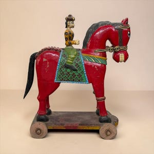Rare Antique Indian Wooden Horse with Rider | Large 48” Hand Painted Folk Art Sculpture | Vintage Wheeled Horse Figurine | Statement Decor