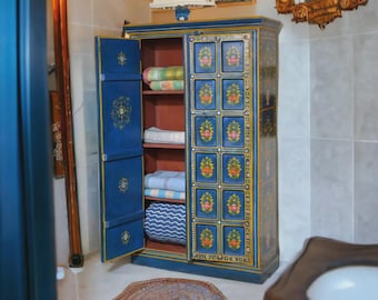 Hand Painted Indian Cupboard, Vintage Blue Floral Storage Cabinet