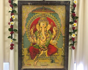 Vintage Raja Ravi Varma Lithograph: Ganpati, Framed Antique Indian Art
