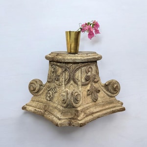 Antique Indian Pillar Capital Base, Vintage Hand-Carved Antique Architectural Salvage wooden pillar base candle holder,  Temple Pedestal