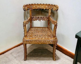 Teak Wood Chair, Bone Inlay, Indian Accent Piece