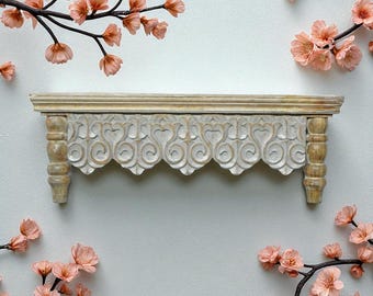 Carved Wooden Wall Shelf, Distressed Finish, Rustic Decor