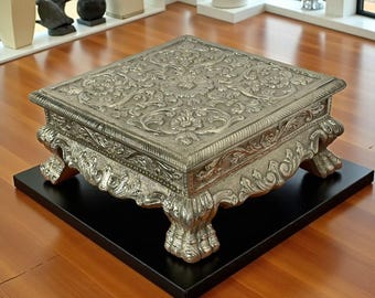 Chowki de plata alemana, taburete bajo indio tallado, decoración para Pooja