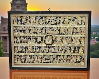 Vintage teakhouten ingelijste poster Hanuman Chalisa: Indiase religieuze kunst