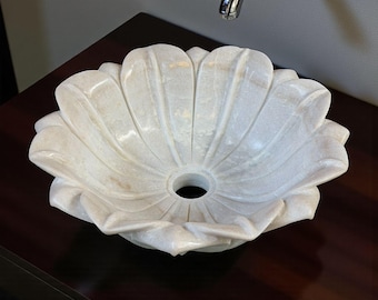 Handgesneden witmarmeren wasbak met bloemenvaas | 14 inch