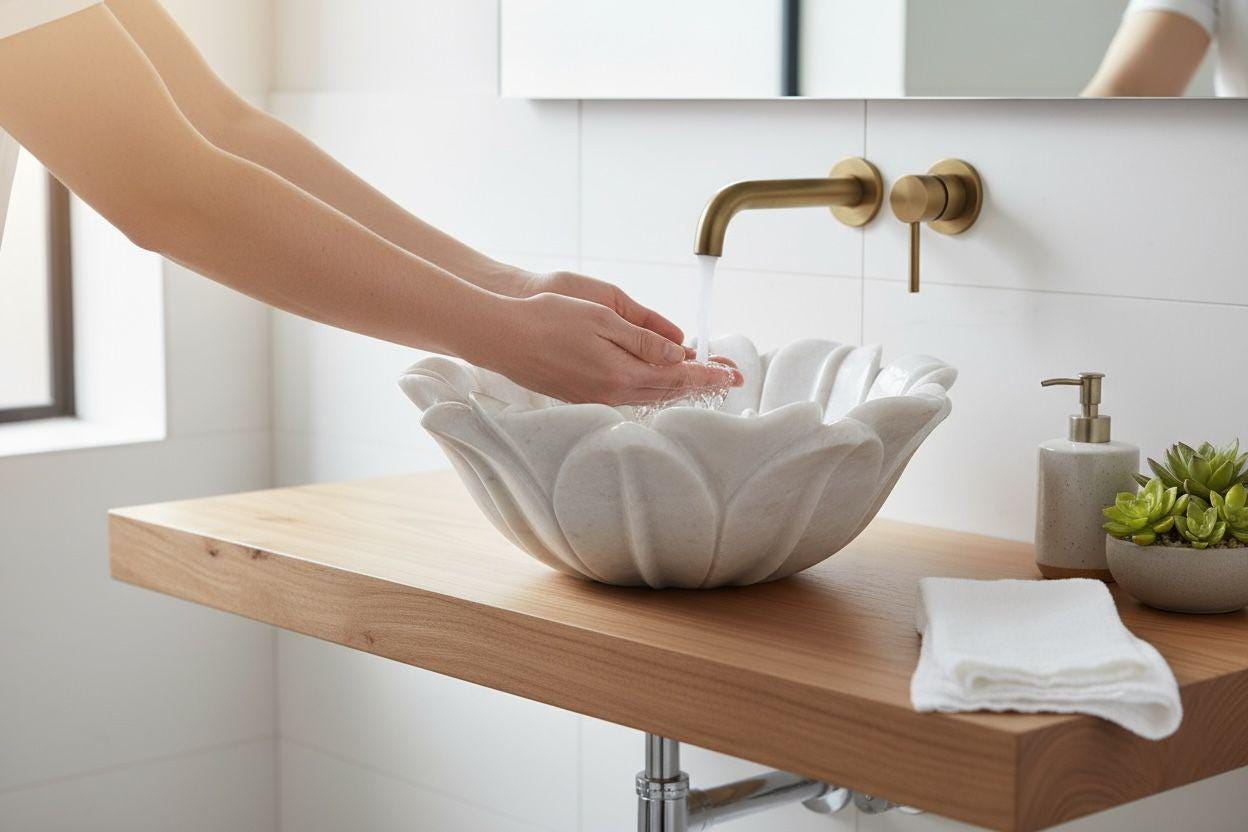 Hand Carved White Marble Floral Wash Basin | Handmade Stone Sink Hand Carved White Marble Floral Wash Basin | Handmade Stone Sink