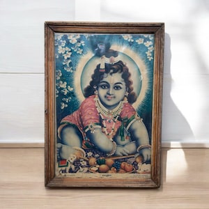 Vintage Bal Krishna Framed Art | Mid-Century Indian Devotional Print | Jain Picture Publishers | Hindu God Wall Decor | 15x21 Inches