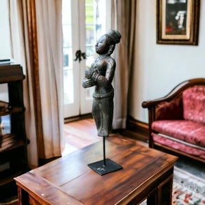 Vintage Wooden and Dust Wood Woman Statue on Iron Stand | Distressed Antique Look Sculpture, Vintage Statue of a Woman