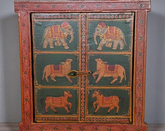 Vintage Hand Painted Indian Window Panel | Antique Teak Wood Folk Art with Elephants & Horses | Rustic Farmhouse Wall Decor | One of a Kind