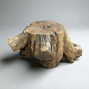 May include: A weathered wooden stump with a flat, circular top and a rough, textured surface. The wood is a mix of light and dark browns, with visible grain and knots. The stump's irregular shape and natural aesthetic make it a unique decorative item.