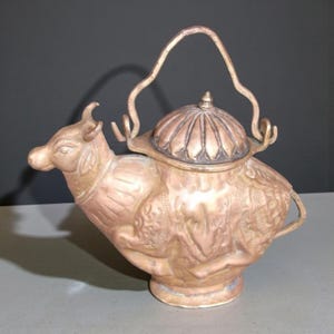 Vintage Copper Nandi Pot | Engraved Indian Holy Water Vessel