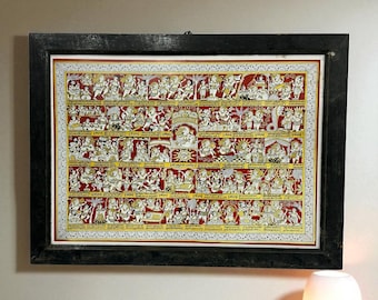 Poster Hanuman Chalisa, vintage teakhouten lijst, Indiase spirituele kunst