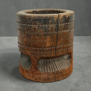 Raro Moedor de Grãos Antigo Indiano em Madeira | Pilão Rústico Talhado à Mão | Ferramenta Agrícola Primitiva | Decoração Wabi Sabi