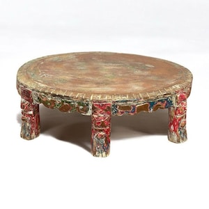 Vintage Indian Wooden Chowki , Antique Carved Indian Bajot, Very rare Low stool with carved figures, Indian antique chowki , Pooja chowki