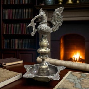 Vintage Indian Brass Oil Lamp with Peacock design,  Antique Indian Diya Candle Holder for Home Decor, Altar, temple Collectible Display