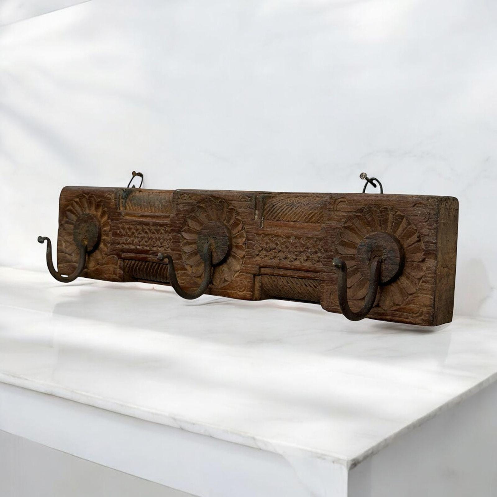 Antique Wooden Wall Hook Rack | Hand Carved Indian Panel with 3 Iron Hooks | 21-Inch Rustic Wall Hanger for Keys, Towels & Jewelry