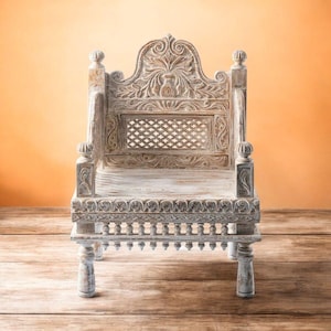 Sillón de madera tallado a mano, tradicional indio, decorativo, hecho a mano en la India, sillas y asientos tallados a mano.