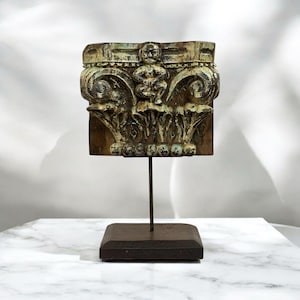 Vintage Corinthian Fragment on Stand, Antique Wooden pillar base, Indian Architectural Sculpture Candle stand, Antique Display Pedestal