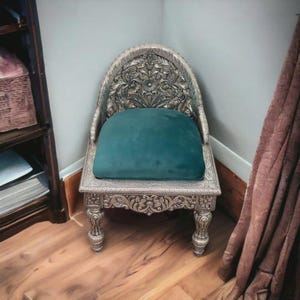 Hand-Carved Teak Wood Chair with Original Silver Cladding: Royal Accent Furniture