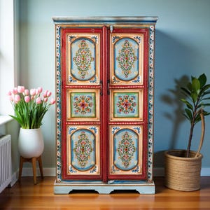 May include: A vibrantly painted wooden cabinet with two doors. The cabinet features a red frame with floral and geometric patterns, and light blue panels with floral designs. The top and base are light blue, and the cabinet stands on a wooden floor.