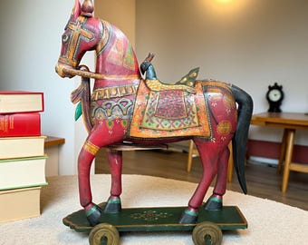 高級彫刻木製馬像、古い芸術作品、動物彫刻、馬好きへのギフト、装飾馬
