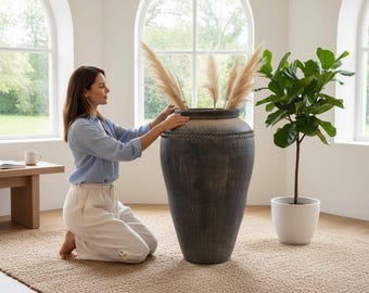 Vintage Terracotta Floor Vase, Rustic Clay Garden Planter, 32 Inch