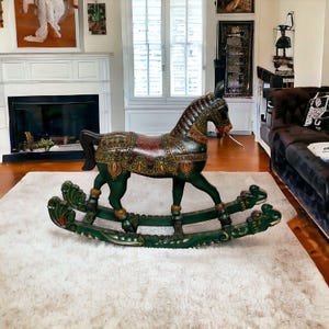 Vintage Wooden Rocking Horse | 60–70 Yr Old Folk Decor | Hand-Painted Horse on Wheels | Antique Pull Toy | Rustic Home Accent