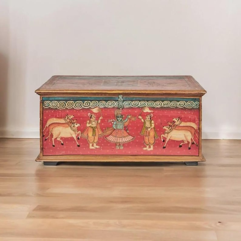 Hand-painted Krishna Mango Wood Trunk, Indian Pichwai Art, Ethnic ...