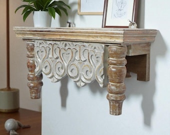 Carved Wood Wall Shelf, Rustic Distressed Finish