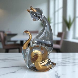 Vintage Kristall Katze als Glücksbringer, Vintage Kristall Briefbeschwerer, Antikes Katzenförmiges Papiergewicht, Geschenk für Katzenliebhaber, Hauseinweihung