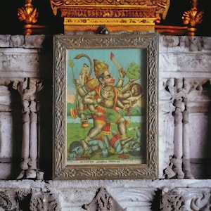 Original Raja Ravi Varma Lithograph of Vintage Ahi-Mahi Vadha Hanuman Print in Wooden Frame, Indian Rare Hindu Art, ravi varma oleograph