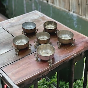Set of 6 Boss bowl with stand, candle holder, Vintage Brass Bowl on Stand, Brass Katori, Indian katori on peacock legs