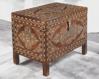 Teak Wood Trunk, Handcrafted Indian Inlay Dowry Chest
