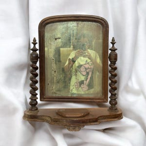 Vintage Rare Spiral Mirror Shelf, Wall-Mounted Wooden Mirror with Shelf, Antique Mirror for bathroom, Rustic Entryway or Vanity Mirror