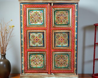 Hand-Painted Floral Cupboard: Indian Pichwai Art Teak Armoire