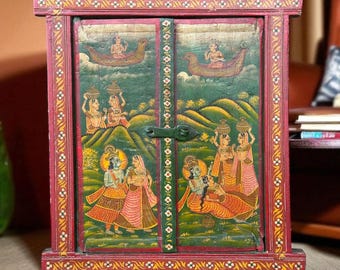 Antique Krishna Pichwai Panel, Teak Wood Hand-Painted Window
