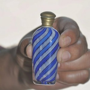 Rare 19th Century Venetian Murano Glass Perfume Bottle with Brass Cap, Antique Pocket Scent Bottle, Collectible Art Deco Style