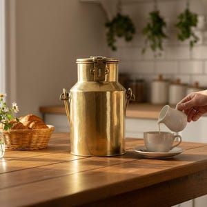 May include: A golden metal milk can with a lid and handles sits on a wooden table. A small vase of white flowers and a basket of croissants are nearby. A hand pours milk into a cup of coffee.