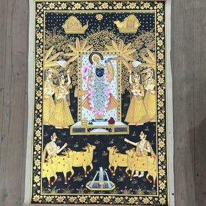 Shrinathji Pichwai Painting with gold work, Indian Pichwai Wall Art for Religious Hindu Home Puja Temple Room Decor, Indian Temple painting