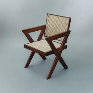 Indian Rattan and Teak Armchair, Indian Handwoven Cane Back Chair, Mid Century Veranda Style Seating Chair,  Chandigarh Armchair
