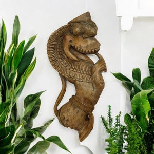 Vintage Yali Wall Art | Hand-Carved Teak Wood Wall Decor from 1950s | Indian Architectural Salvage | 14” Wall Hanging Sculpture