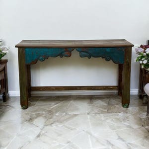 Vintage Indian Console Table , Big  Reclaimed Wooden Table with Carved Front & Distressed Paint, Antique Entryway or Hall Table