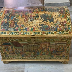 Hand-Painted Rare Inlay Trunk, Indian Wedding Dowry Chest, Miniature Art Storage Box,  Wooden Chest Coffee Table, Indian wedding chest