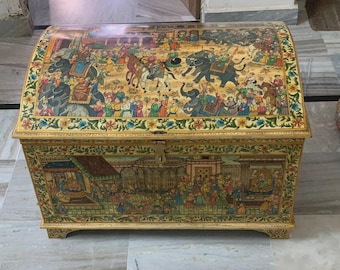 Hand-Painted Bone Inlay Trunk, Indian Wedding Dowry Chest, Miniature Art