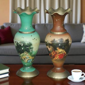 Pair of Vintage Enamel Brass Vases, Indian Hand Painted Rare  Flower Pots, Mid Century Decorative Flower decor vases, Antique Brass Decor